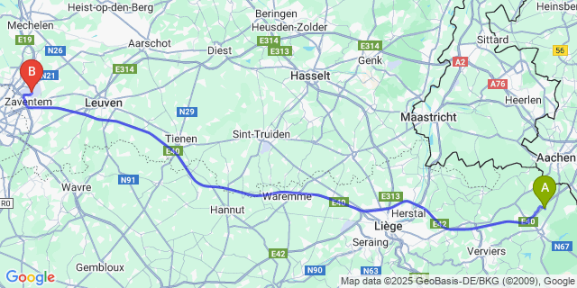 Map: Brussels Zaventem Airport (BRU) to Walhorn