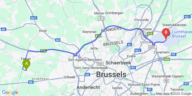 Map: Brussels Zaventem Airport (BRU) to Wambeek