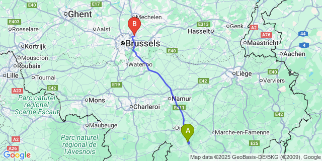 Map: Brussels Zaventem Airport (BRU) to Wanlin