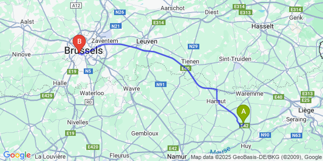 Map: Brussels Midi Train Station to Warnant-Dreye