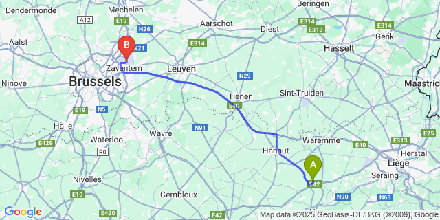 Map: Brussels Zaventem Airport (BRU) to Warnant-Dreye