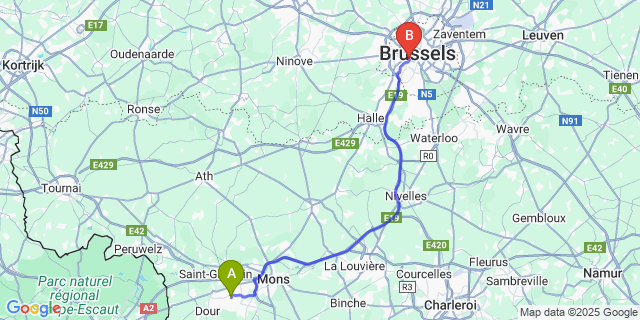 Map: Brussels Midi Train Station to Wasmes