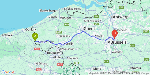 Map: Brussels Zaventem Airport (BRU) to Watou