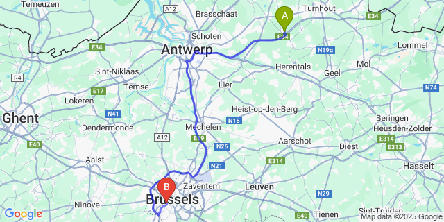 Map: Brussels Midi Train Station to Wechelderzande