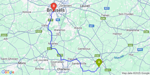 Map: Brussels Midi Train Station to Wépion