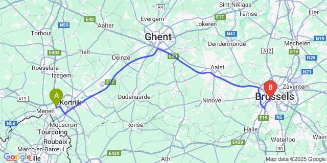 Map: Brussels Midi Train Station to Wevelgem
