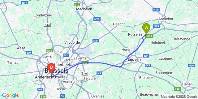 Map: Brussels Midi Train Station to Wezemaal