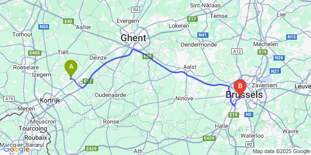 Map: Brussels Midi Train Station to Wielsbeke