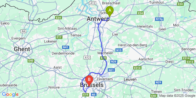 Map: Brussels Midi Train Station to Wijnegem
