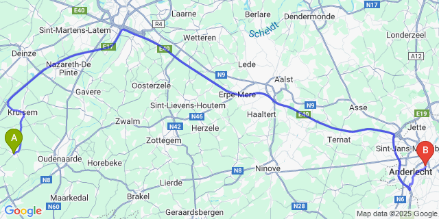Map: Brussels Midi Train Station to Wortegem