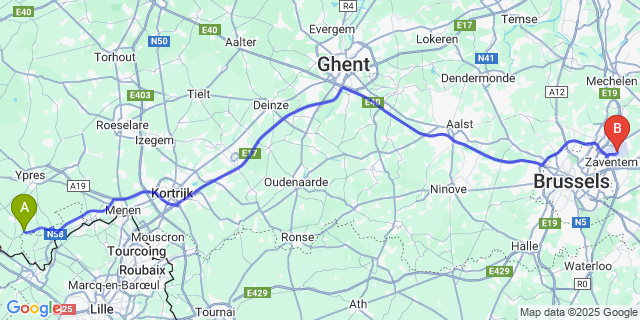 Map: Brussels Zaventem Airport (BRU) to Wulvergem