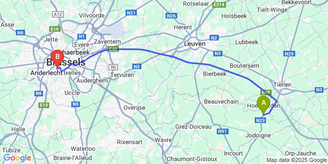 Map: Brussels Midi Train Station to Zetrud-Lumay