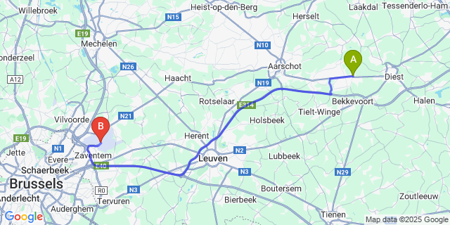 Map: Brussels Zaventem Airport (BRU) to Zichem