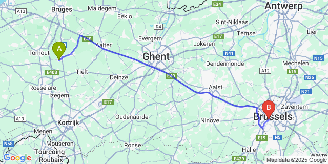 Map: Brussels Midi Train Station to Zwevezele