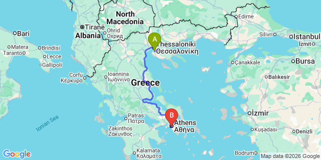 Map: Thessaloniki Airport (SKG) to Athens city (all areas)