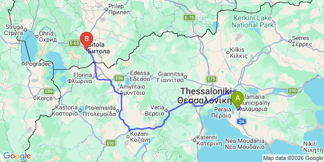 Map: Thessaloniki Airport (SKG) to Bitola-Skopia