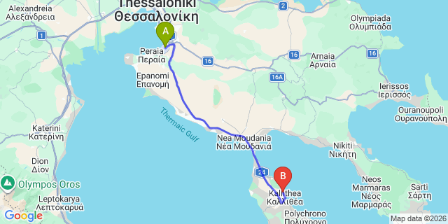 Map: Thessaloniki Airport (SKG) to BLUE BAY HALKIDIKI, Afitos
