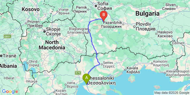 Map: Thessaloniki Airport (SKG) to Borovets-Boulgaria