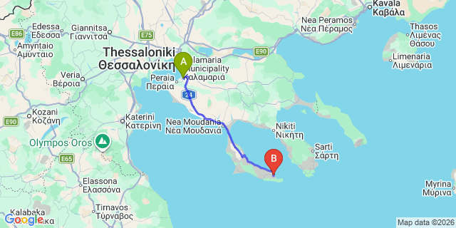 Map: Thessaloniki Airport (SKG) to Chrousso Village Hotel, Paliouri