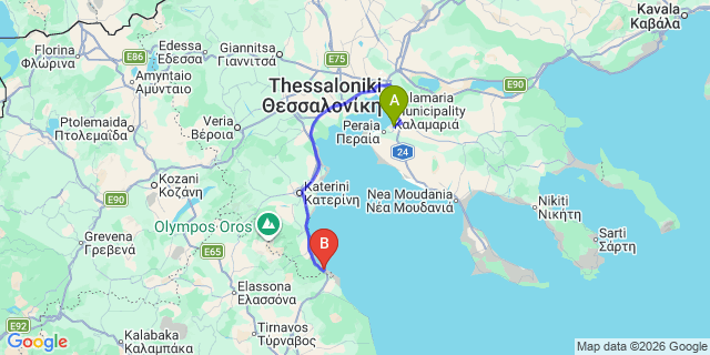 Map: Thessaloniki Airport (SKG) to Cronwell Platamon Resort, Platamonas