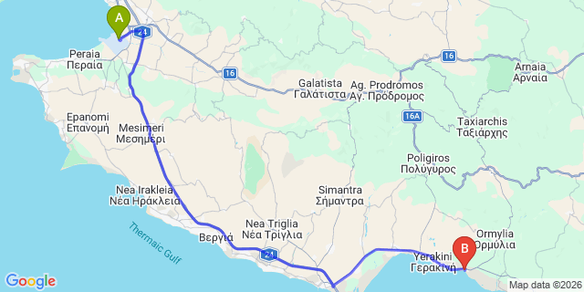 Map: Thessaloniki Airport (SKG) to Cronwell Resort Sermilia, Psakoudia
