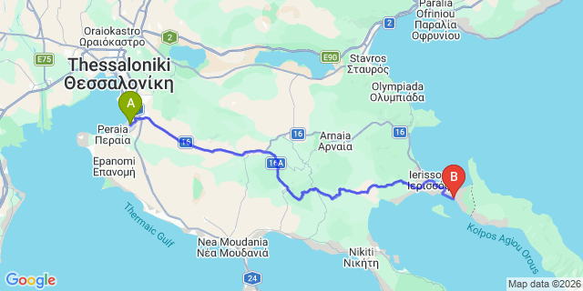 Map: Thessaloniki Airport (SKG) to Eagles Villas, Skala Neon Rodon, Ouranoupolis