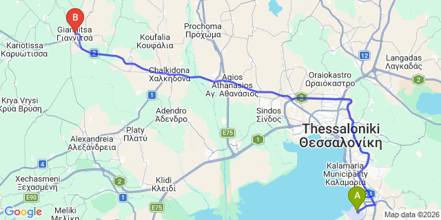Map: Thessaloniki Airport (SKG) to Giannitsa