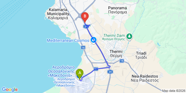 Map: Thessaloniki Airport (SKG) to cancelHalkidiki bus station in Thessaloniki