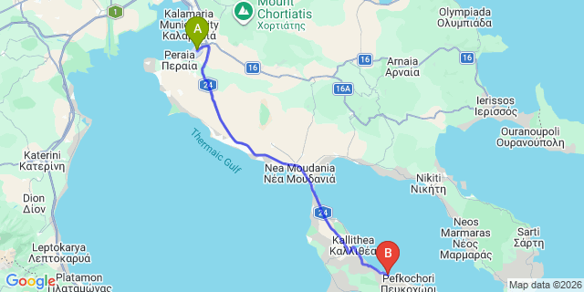 Map: Thessaloniki Airport (SKG) to Halkidiki Palace, Hanioti