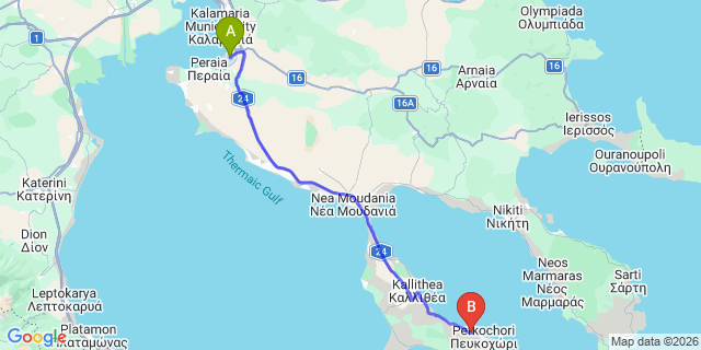 Map: Thessaloniki Airport (SKG) to Hanioti Village Resort, Chanioti Beach