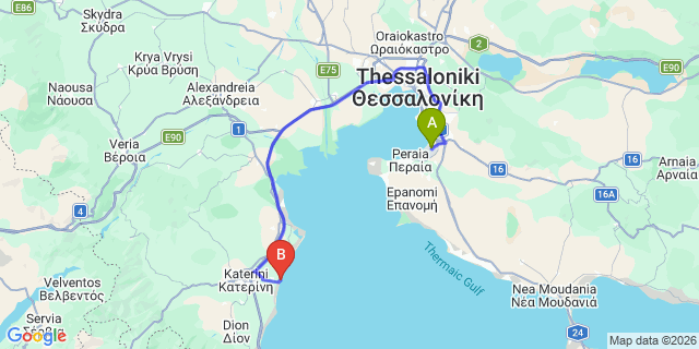 Map: Thessaloniki Airport (SKG) to Hotel Mediterranean Resort, Paralia Katerinis