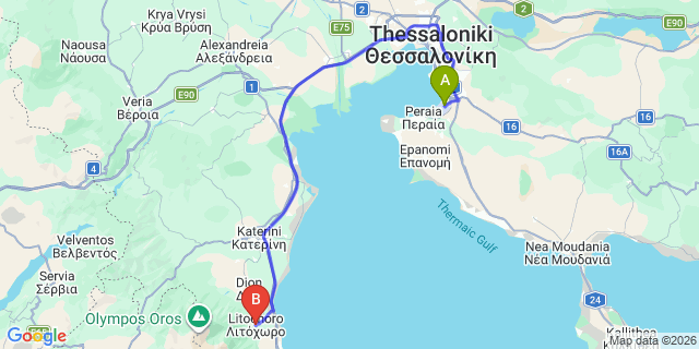 Map: Thessaloniki Airport (SKG) to Litohoro
