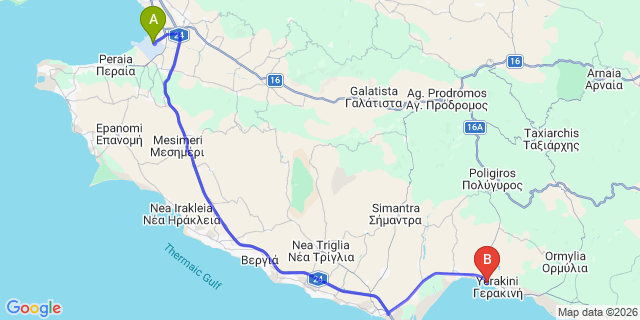 Map: Thessaloniki Airport (SKG) to Martha’s Haus Hotel, Gerakini