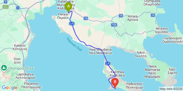 Map: Thessaloniki Airport (SKG) to Mendi Hotel Halkidiki, Kalandra