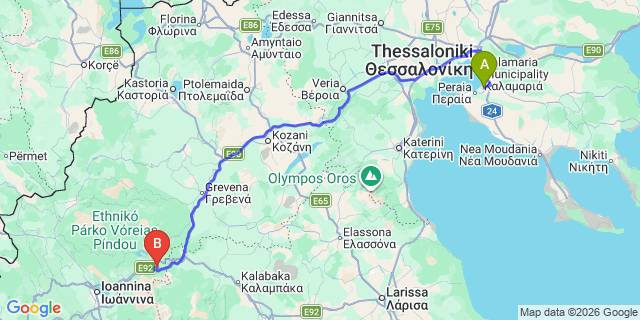 Map: Thessaloniki Airport (SKG) to Metsovo