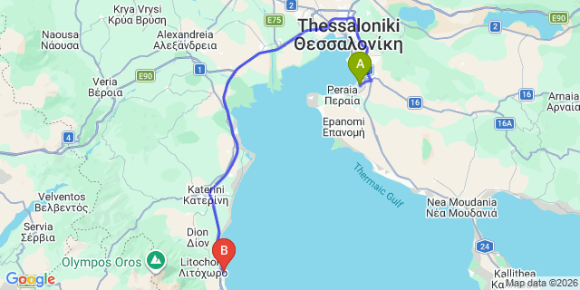 Map: Thessaloniki Airport (SKG) to Olympios Zeus Plaka, Litohoro