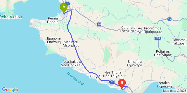 Map: Thessaloniki Airport (SKG) to Paralia dionysiou