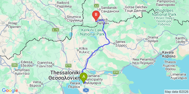 Map: Thessaloniki Airport (SKG) to Petritsi