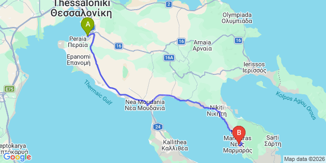 Map: Thessaloniki Airport (SKG) to Porto Carras Meliton Hotel, Neos Marmaras