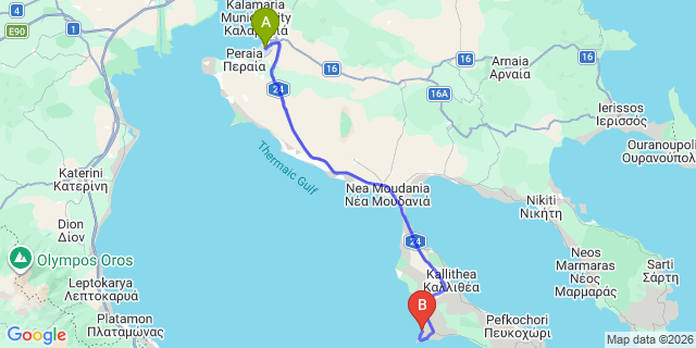 Map: Thessaloniki Airport (SKG) to Possidi Holidays Resort & Suite Hotel- Possidi