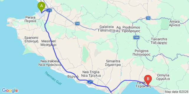 Map: Thessaloniki Airport (SKG) to Trikorfo Beach, Trikorfo,, Gerakini