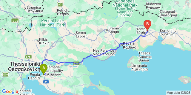 Map: Thessaloniki Airport (SKG) to Xanthi
