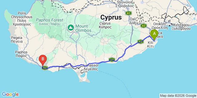 Map: Larnaca Airport (LCA) to Aphrodite Hill