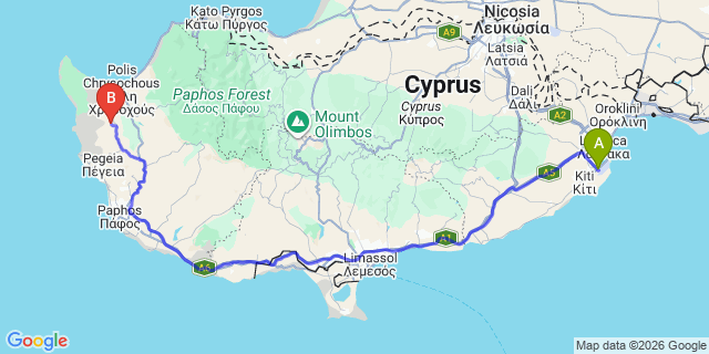 Map: Larnaca Airport (LCA) to Droushia