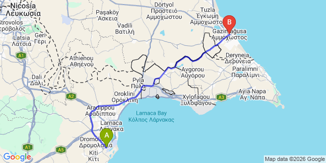 Map: Larnaca Airport (LCA) to Famagusta