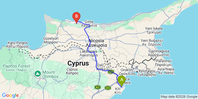 Map: Larnaca Airport (LCA) to Incesu