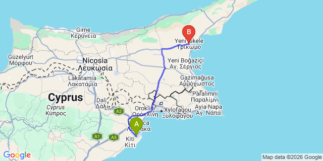 Map: Larnaca Airport (LCA) to Iskele