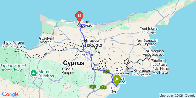 Map: Larnaca Airport (LCA) to Karaoglanoglu