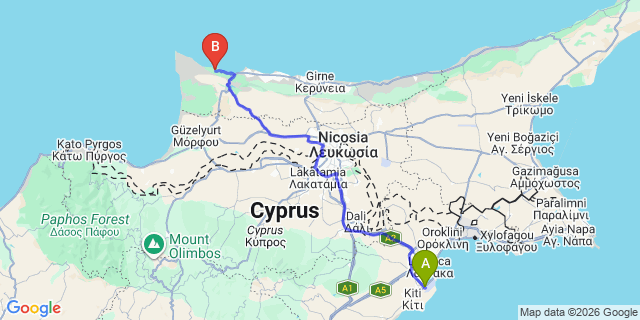 Map: Larnaca Airport (LCA) to Kayalar