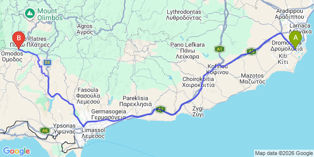 Map: Larnaca Airport (LCA) to Mandria